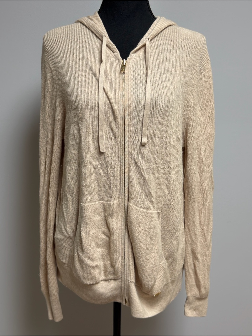 St. John Collection Tan Ribbed Knit Full Zip Hoodie Sweater Women's Size M